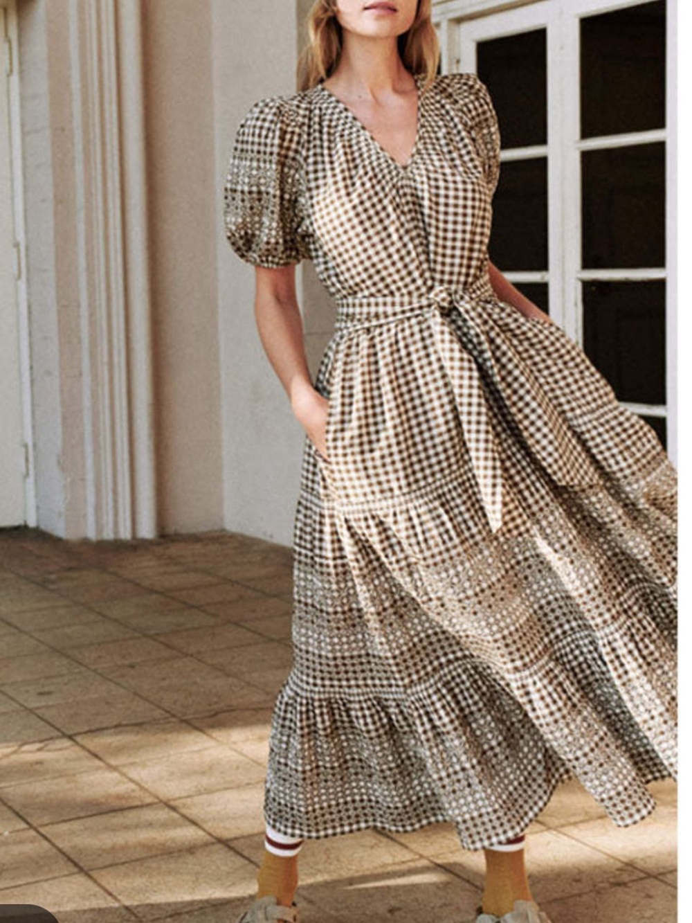 The Great Cross Stitch Dakota Brown Gingham Maxi Dress with Tie Waist size L - Picture 10 of 11